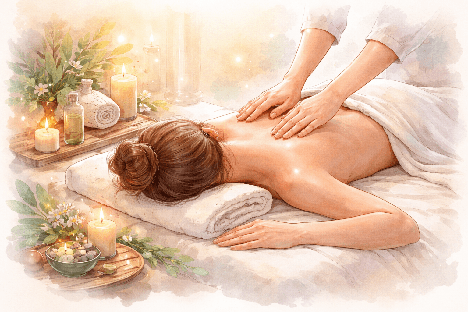 Détente et massage du dos au Vésinet : illustration relaxante d’une personne recevant un massage dans un cadre apaisant avec bougies et huiles essentielles.