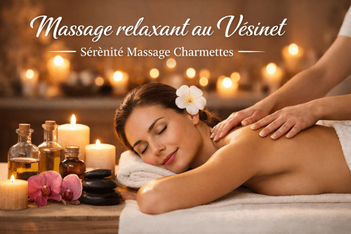 Femme recevant un massage relaxant dans un spa au Vésinet avec ambiance zen, bougies, huiles essentielles et pierres chaudes, pour Sérénité Massage Charmettes.