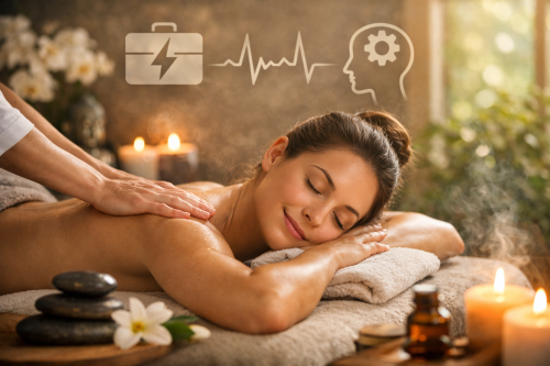 Femme allongée sur une table de massage recevant un massage relaxant dans un cadre apaisant avec bougies, pierres chaudes et lumière douce, symbole de détente et bien-être au Vésinet.