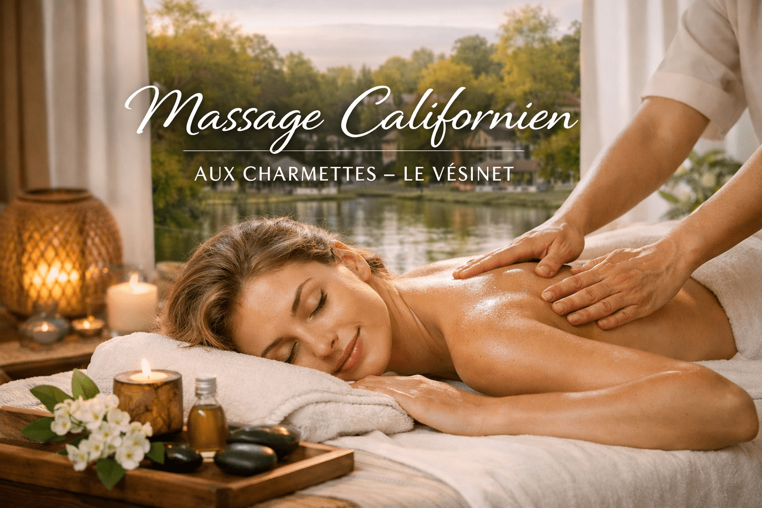 Massage californien aux Charmettes, Le Vésinet : femme allongée recevant un massage relaxant avec huile, bougies et ambiance apaisante.